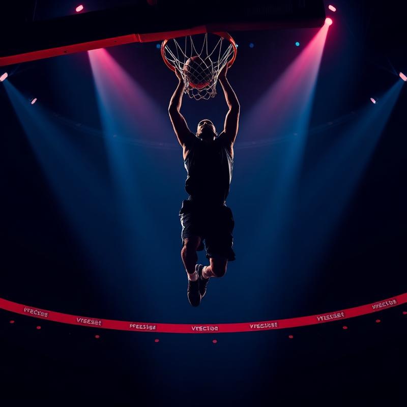 Basketball player dunking under red arena lighting