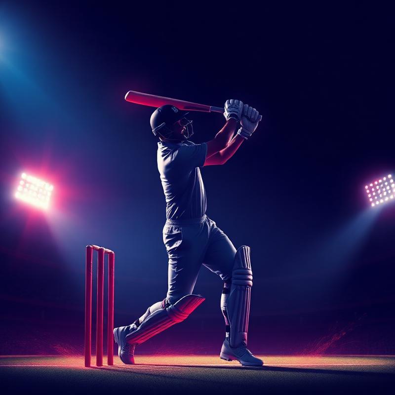 Cricket batsman playing a shot under floodlights