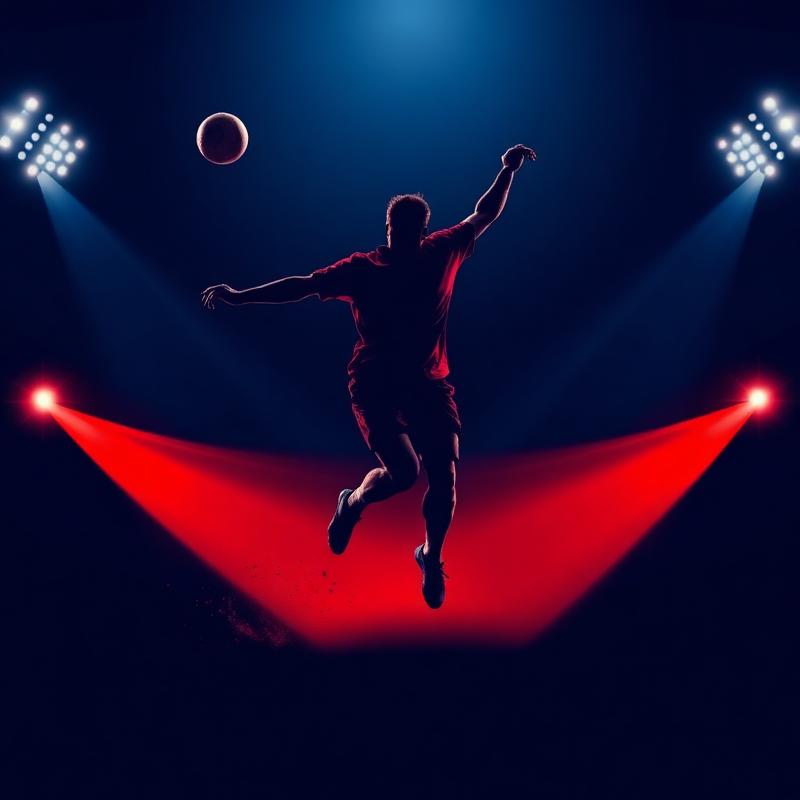 Footballer striking a ball under red and white stadium floodlights
