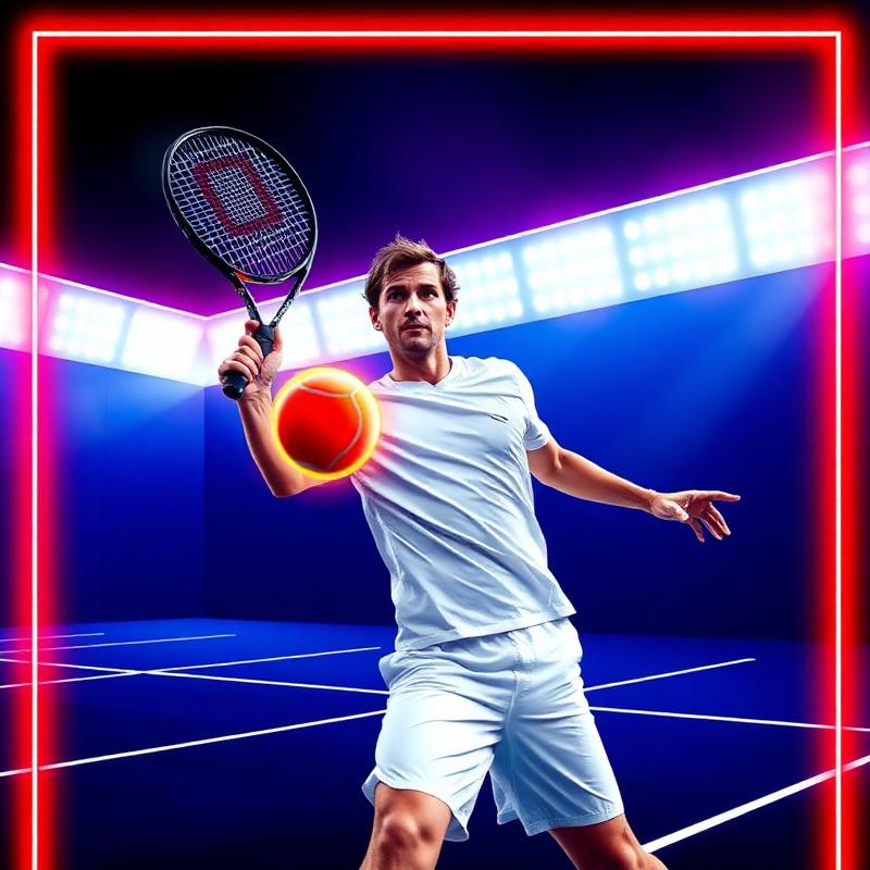 Tennis player striking a glowing ball on a blue court